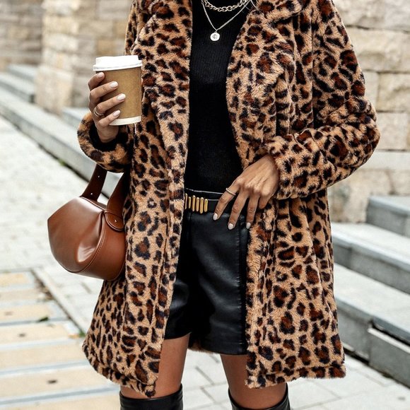 Multicolor Preppy Womens Leopard Print Open Front Fuzzy Coat - Picture 6 of 6